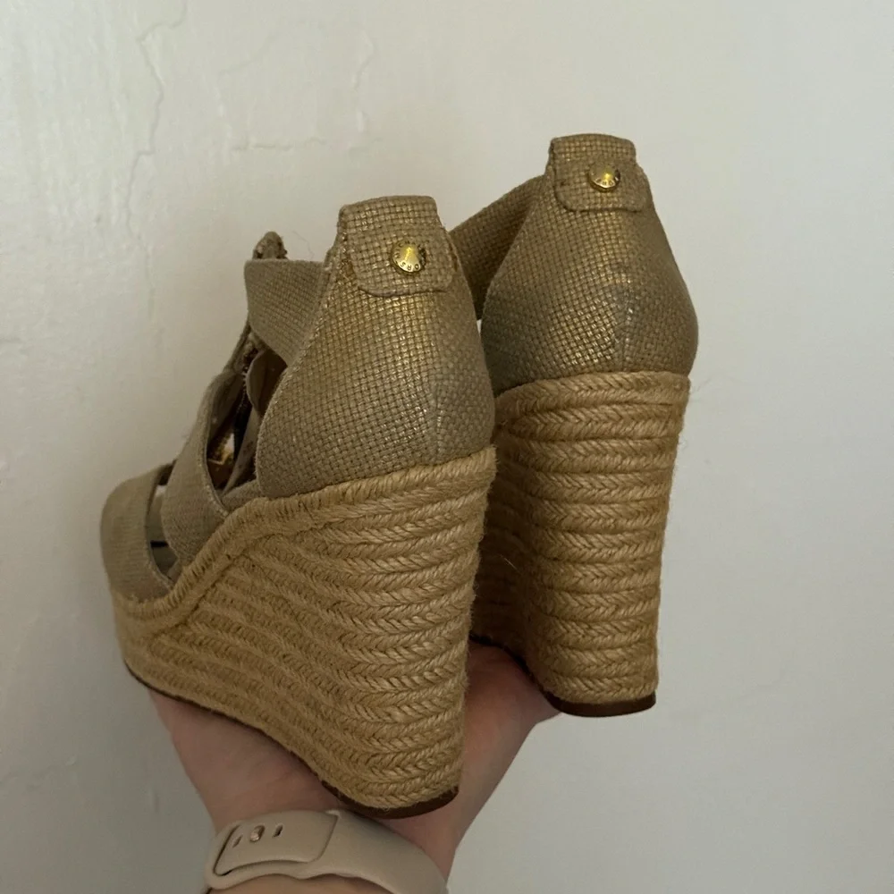 Michael Kors S7 Tan and Gold Berkley Zipper Espadrille Platform Wedge Sandal